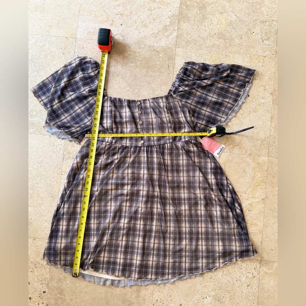 NWT Arula Altar’d State Black Beige Plaid Mesh Flutter Sleeve Dress 1X - Picture 5 of 8